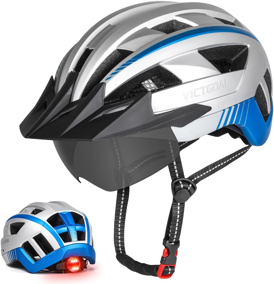 Bike Helmet for Men Women with Led Light Detachable Magnetic Goggles Removable Sun Visor Mountain & Road Bicycle Helmets Adjustable Size Adult Cycling Helmets