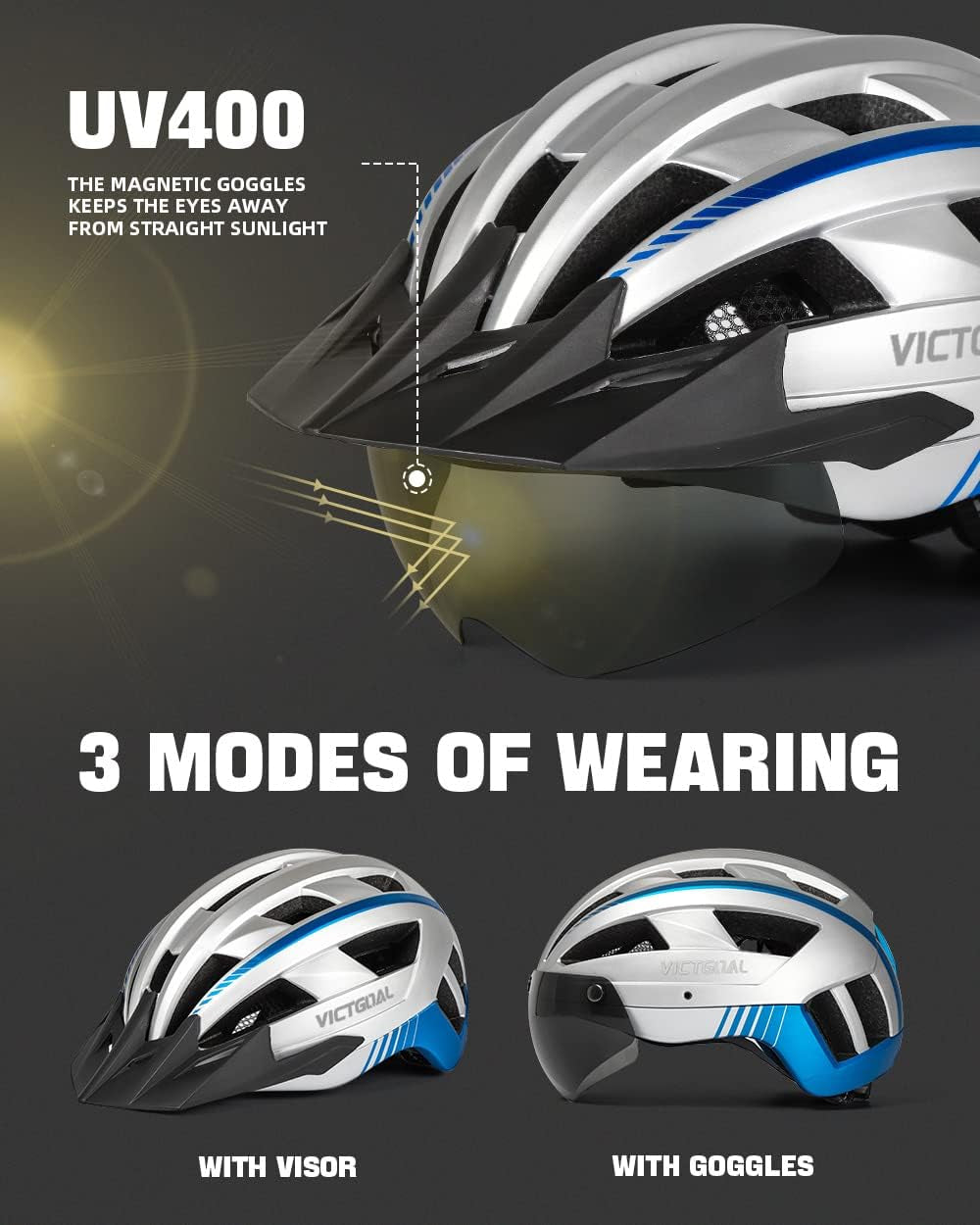 Bike Helmet for Men Women with Led Light Detachable Magnetic Goggles Removable Sun Visor Mountain & Road Bicycle Helmets Adjustable Size Adult Cycling Helmets