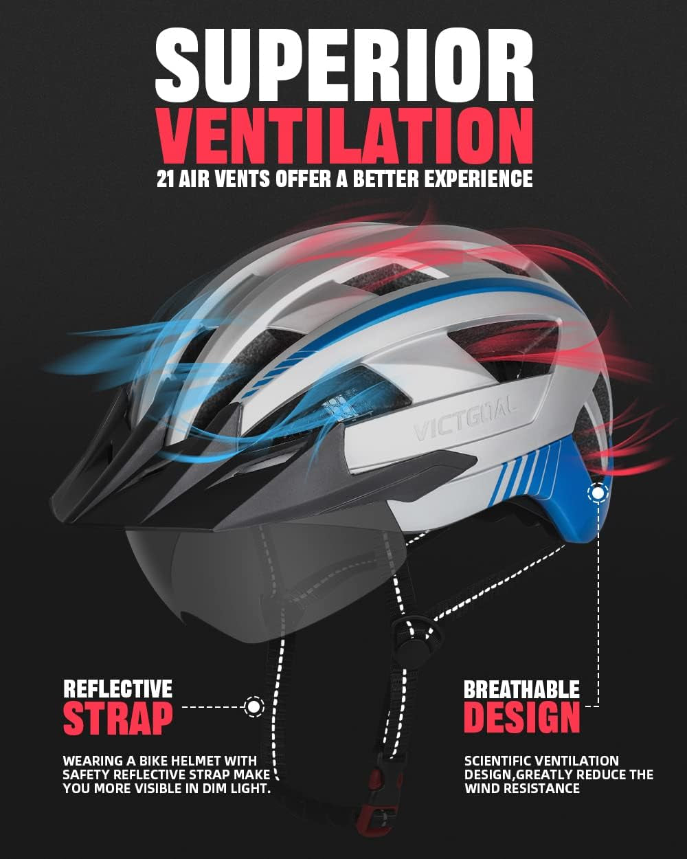 Bike Helmet for Men Women with Led Light Detachable Magnetic Goggles Removable Sun Visor Mountain & Road Bicycle Helmets Adjustable Size Adult Cycling Helmets