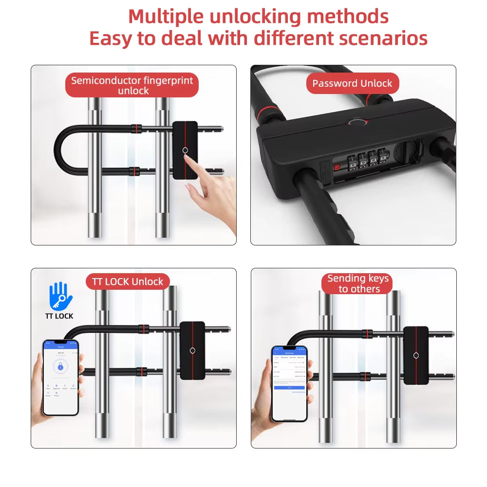 Waterproof Bluetooth APP Control U-Shape Electronic Bicycle Lock Smart Bike U-Lock with TT Lock APP Passcode Fingerprint